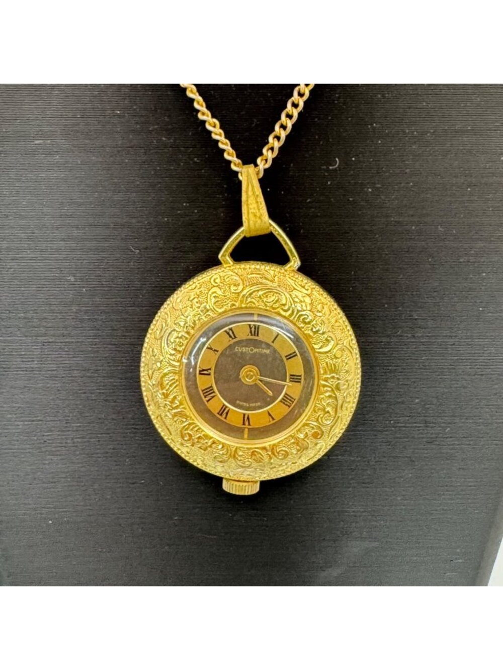 Vtg CustOmTime Pendant Necklace Watch 34mm Brown Dial Gold Tone Manual Wind 24"